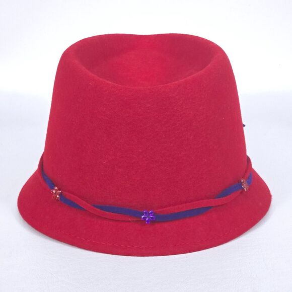 Something Special Cloche Fedora Wool Hat Red Purple Bow Beaded Flower Grannycore - Picture 3 of 9